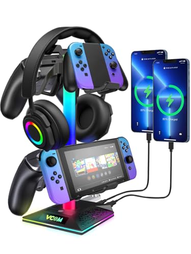 VCOM RGB Headset Halterung mit 2 USB- und 1 Typ-C-Anschluss, Gaming Zubehör Kopfhörer Ständer mit 10 Lichtmodi, Controller Halterung für PC Gamer Xbox PS5 (Schwarz) Bild 1
