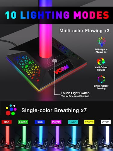 VCOM RGB Headset Halterung mit 2 USB- und 1 Typ-C-Anschluss, Gaming Zubehör Kopfhörer Ständer mit 10 Lichtmodi, Controller Halterung für PC Gamer Xbox PS5 (Schwarz) Bild 2