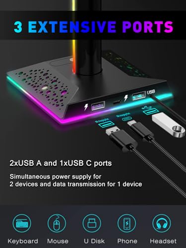 VCOM RGB Headset Halterung mit 2 USB- und 1 Typ-C-Anschluss, Gaming Zubehör Kopfhörer Ständer mit 10 Lichtmodi, Controller Halterung für PC Gamer Xbox PS5 (Schwarz) Bild 3