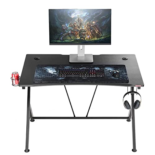 Gaming-Tisch mit komplettem Schreibtisch-Mauspad, Y-förmiger Gaming-Tisch, Gamer-Workstation mit großem Mauspad, Getränkehalter, Headset-Haken, Stabiler Computertisch aus Metall und Holz, Schwar Bild 3