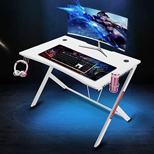 Gaming-Tisch mit komplettem Schreibtisch-Mauspad, Heimbüro, PC-Laptop, Workstation, Gaming-Computertisch, Getränkehalter, Headset-Haken – Stabiler Computertisch aus Metall und Holz, weiß-L 115 c Bild 2