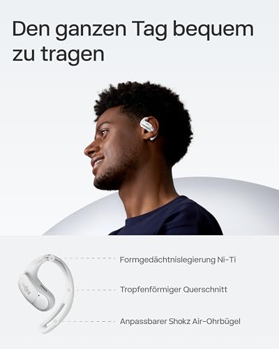 SHOKZ OpenFit Air Open-Ear-Kopfhörer, True Wireless Bluetooth-Ohrhörer mit Mikrofon, Ohrhörer mit Air-Ohrbügel, Schnellaufladung, 28 h Wiedergabe, wasserdicht IP54 fürs Training, mit Tragetasche, Weiß Bild 4