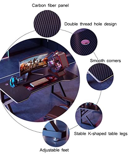 Gaming-Tisch mit Karbonfaseroberfläche, großer Computertisch, Schreibtisch für Heimbüro, extra groß, modern, ergonomisch, Schwarz, Headset-Haken – Robustes Metall, BL 80 cm (AL 140 cm) Bild 4