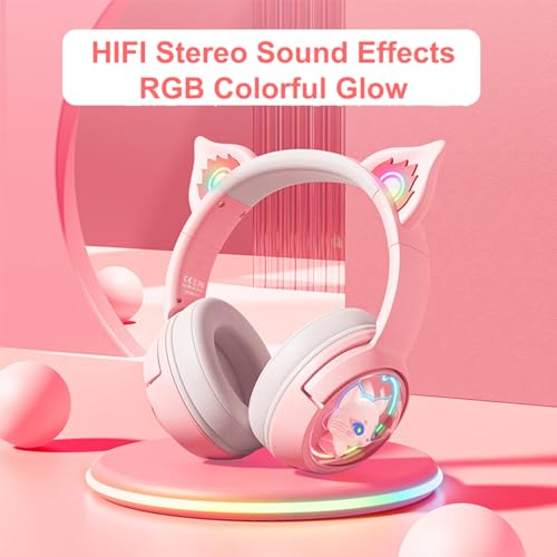 Bluetooth Katzenohr Kabellos Kopfhörer, Cat Ear Gaming Headset mit Mikrofon Headset Pink mit RGB LED Licht Wireless Kopfhörer mit Katzenohren HD Stereo Sound für PC TV Tablet Spielkonsolen (Rosa) Bild 2