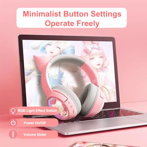Bluetooth Katzenohr Kabellos Kopfhörer, Cat Ear Gaming Headset mit Mikrofon Headset Pink mit RGB LED Licht Wireless Kopfhörer mit Katzenohren HD Stereo Sound für PC TV Tablet Spielkonsolen (Rosa) Bild 3