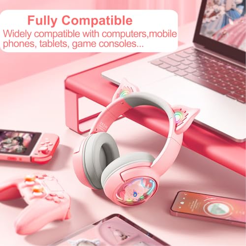 Bluetooth Katzenohr Kabellos Kopfhörer, Cat Ear Gaming Headset mit Mikrofon Headset Pink mit RGB LED Licht Wireless Kopfhörer mit Katzenohren HD Stereo Sound für PC TV Tablet Spielkonsolen (Rosa) Bild 4