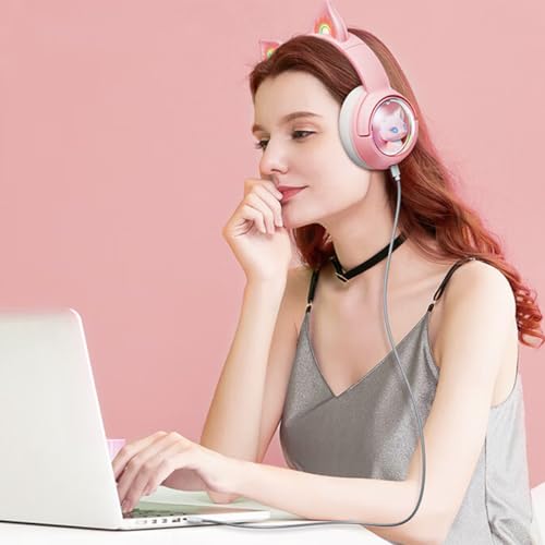 Bluetooth Katzenohr Kabellos Kopfhörer, Cat Ear Gaming Headset mit Mikrofon Headset Pink mit RGB LED Licht Wireless Kopfhörer mit Katzenohren HD Stereo Sound für PC TV Tablet Spielkonsolen (Rosa) Bild 6