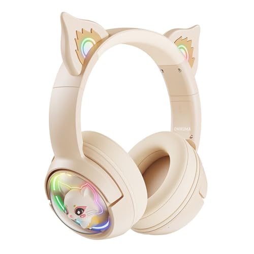 Bluetooth Katzenohr Kabellos Kopfhörer, Cat Ear Gaming Headset mit Mikrofon Headset Pink mit RGB LED Licht Wireless Kopfhörer mit Katzenohren HD Stereo Sound für PC TV Tablet Spielkonsolen (Beige) Bild 1