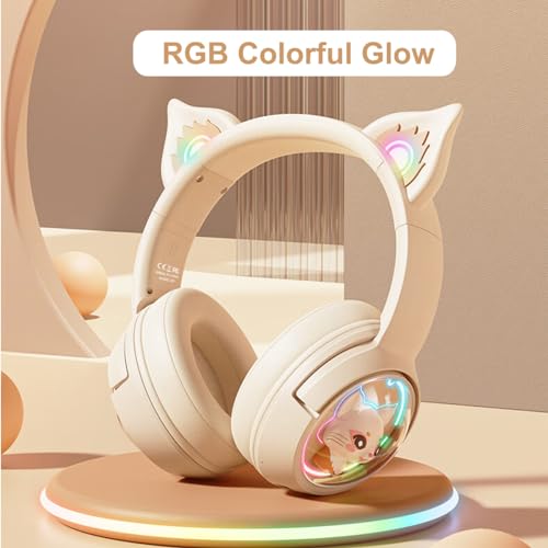 Bluetooth Katzenohr Kabellos Kopfhörer, Cat Ear Gaming Headset mit Mikrofon Headset Pink mit RGB LED Licht Wireless Kopfhörer mit Katzenohren HD Stereo Sound für PC TV Tablet Spielkonsolen (Beige) Bild 2