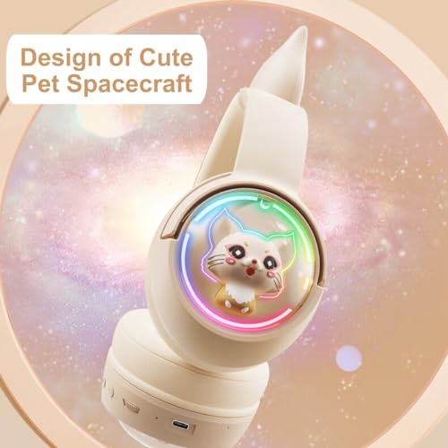 Bluetooth Katzenohr Kabellos Kopfhörer, Cat Ear Gaming Headset mit Mikrofon Headset Pink mit RGB LED Licht Wireless Kopfhörer mit Katzenohren HD Stereo Sound für PC TV Tablet Spielkonsolen (Beige) Bild 3