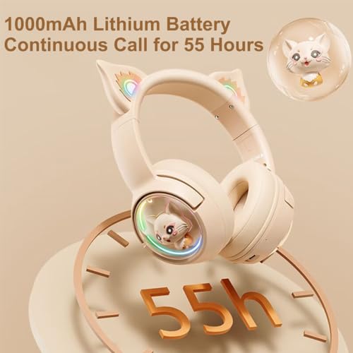 Bluetooth Katzenohr Kabellos Kopfhörer, Cat Ear Gaming Headset mit Mikrofon Headset Pink mit RGB LED Licht Wireless Kopfhörer mit Katzenohren HD Stereo Sound für PC TV Tablet Spielkonsolen (Beige) Bild 5