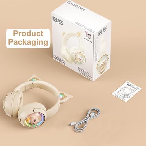 Bluetooth Katzenohr Kabellos Kopfhörer, Cat Ear Gaming Headset mit Mikrofon Headset Pink mit RGB LED Licht Wireless Kopfhörer mit Katzenohren HD Stereo Sound für PC TV Tablet Spielkonsolen (Beige) Bild 6