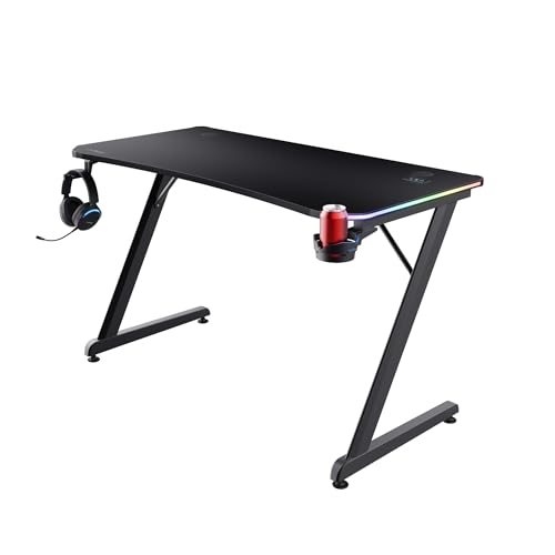 Trust Gaming GXT 709 Luminus RGB Gaming Tisch mit LED Beleuchtung, 10 Modi, USB-Betrieb, Gaming Schreibtisch mit Headset und Getränkehalter, Computertisch 120 x 60 für Büro, Gamer - Schwarz Bild 1