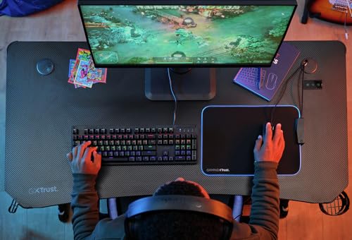 Trust Gaming GXT 709 Luminus RGB Gaming Tisch mit LED Beleuchtung, 10 Modi, USB-Betrieb, Gaming Schreibtisch mit Headset und Getränkehalter, Computertisch 120 x 60 für Büro, Gamer - Schwarz Bild 2