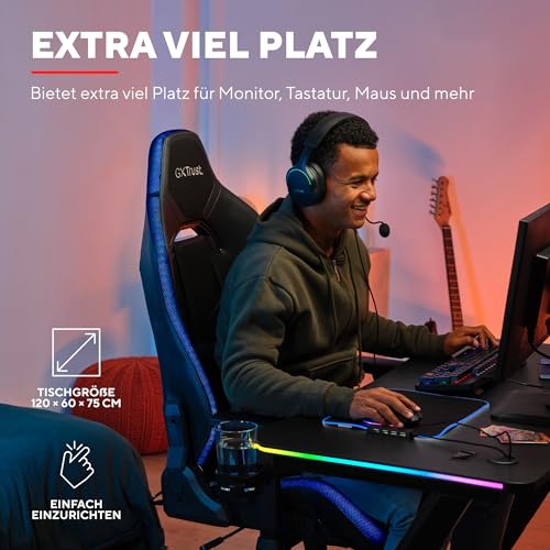 Trust Gaming GXT 709 Luminus RGB Gaming Tisch mit LED Beleuchtung, 10 Modi, USB-Betrieb, Gaming Schreibtisch mit Headset und Getränkehalter, Computertisch 120 x 60 für Büro, Gamer - Schwarz Bild 3