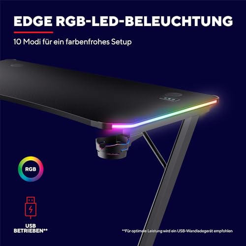 Trust Gaming GXT 709 Luminus RGB Gaming Tisch mit LED Beleuchtung, 10 Modi, USB-Betrieb, Gaming Schreibtisch mit Headset und Getränkehalter, Computertisch 120 x 60 für Büro, Gamer - Schwarz Bild 4