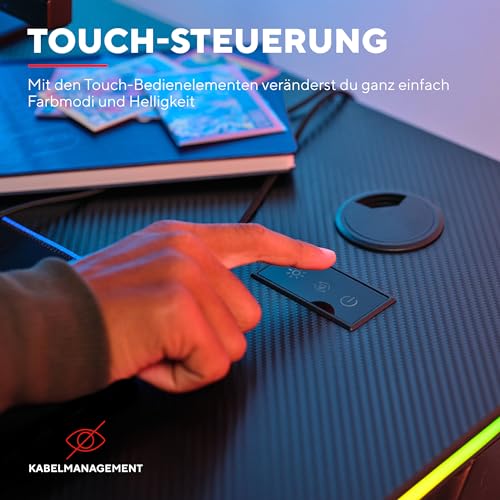 Trust Gaming GXT 709 Luminus RGB Gaming Tisch mit LED Beleuchtung, 10 Modi, USB-Betrieb, Gaming Schreibtisch mit Headset und Getränkehalter, Computertisch 120 x 60 für Büro, Gamer - Schwarz Bild 5