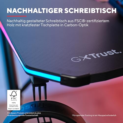 Trust Gaming GXT 709 Luminus RGB Gaming Tisch mit LED Beleuchtung, 10 Modi, USB-Betrieb, Gaming Schreibtisch mit Headset und Getränkehalter, Computertisch 120 x 60 für Büro, Gamer - Schwarz Bild 6