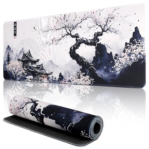XXL Kirschblüten Mauspad, 80x 30 cm Gaming Mausepad mit Genähten Kanten, Verlängertes Großes Mauspad, Gaming Mauspad mit rutschfeste Gummibasis(01- Plum Mouse Pad) Bild 1