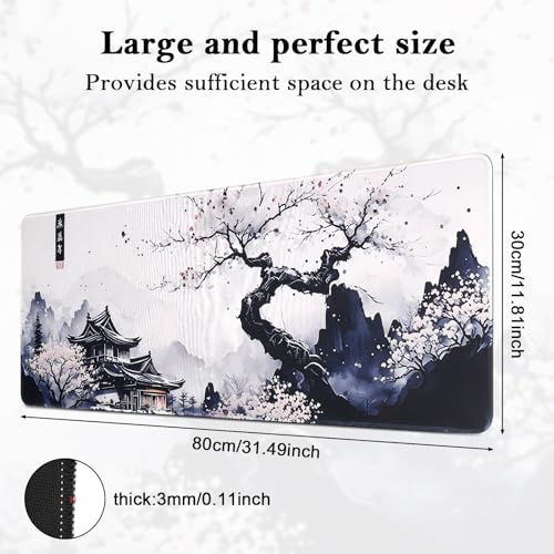 XXL Kirschblüten Mauspad, 80x 30 cm Gaming Mausepad mit Genähten Kanten, Verlängertes Großes Mauspad, Gaming Mauspad mit rutschfeste Gummibasis(01- Plum Mouse Pad) Bild 3
