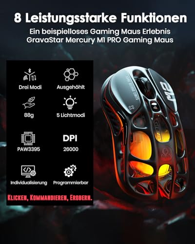 GravaStar Mercury M2 Gaming Maus Kabellos mit 26.000 DPI, PAW3395 DM Sensor, 79 g Ultraleicht, 5 RGB-Modi, 5 programmierbare Tasten, Tri-Mode (2,4 GHz/Bluetooth/Kabel), für PC/Mac – Schwarz Bild 2