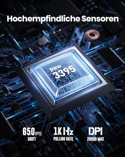 GravaStar Mercury M2 Gaming Maus Kabellos mit 26.000 DPI, PAW3395 DM Sensor, 79 g Ultraleicht, 5 RGB-Modi, 5 programmierbare Tasten, Tri-Mode (2,4 GHz/Bluetooth/Kabel), für PC/Mac – Schwarz Bild 3