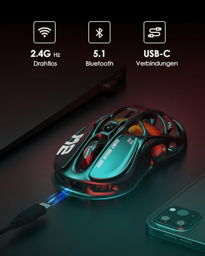 GravaStar Mercury M2 Gaming Maus Kabellos mit 26.000 DPI, PAW3395 DM Sensor, 79 g Ultraleicht, 5 RGB-Modi, 5 programmierbare Tasten, Tri-Mode (2,4 GHz/Bluetooth/Kabel), für PC/Mac – Schwarz Bild 5
