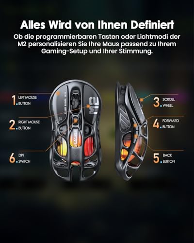 GravaStar Mercury M2 Gaming Maus Kabellos mit 26.000 DPI, PAW3395 DM Sensor, 79 g Ultraleicht, 5 RGB-Modi, 5 programmierbare Tasten, Tri-Mode (2,4 GHz/Bluetooth/Kabel), für PC/Mac – Schwarz Bild 6