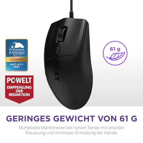 NZXT Lift 2 Ergo | Leichte ergonomische kabelgebundene Gaming-Maus | Leichte 61-g-Konstruktion | 8K-Abfragerate | Optische Switches | Optischer 26K-DPI-Sensor | Füße aus 100% PTFE | Schwarz Bild 2