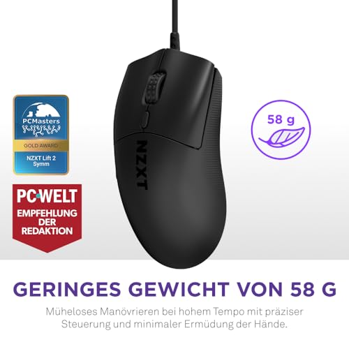 NZXT Lift 2 Symm | Leichte symmetrische kabelgebundene Gaming-Maus | Leichte 58-g-Konstruktion | 8K-Abfragerate | Optische Switches | Optischer 26K-DPI-Sensor | Füße aus 100% PTFE | Schwarz Bild 2