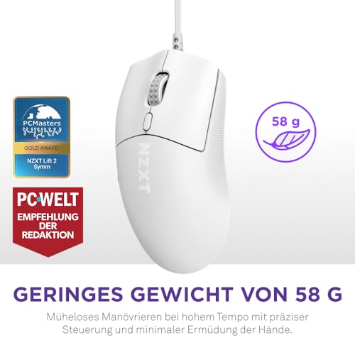 NZXT Lift 2 Symm | Leichte symmetrische kabelgebundene Gaming-Maus | Leichte 58-g-Konstruktion | 8K-Abfragerate | Optische Switches | Optischer 26K-DPI-Sensor | Füße aus 100% PTFE | Weiß Bild 2