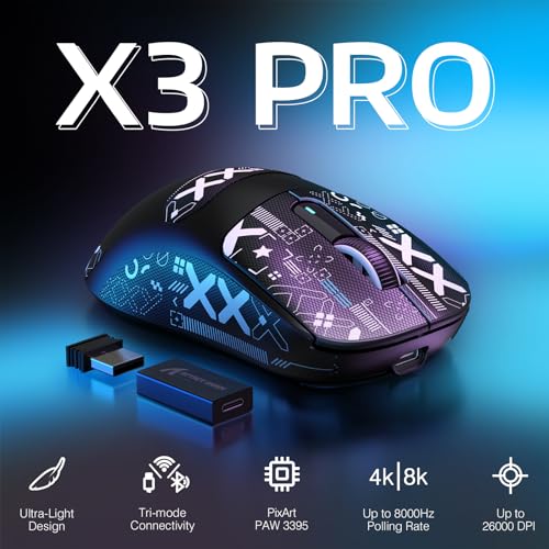 VGN GAME POWER ATTACK SHARK X3PRO 59g SUPERLIGHT Kabellose Gaming-Maus, 4K/8KHz Abfragerate, 26000DPI, PixArt PAW3395, 2.4G/BT5.0/Kabelgebunden, Griptape, Bis zu 200 Std.Akku, G502, PC/Xbox/PS,Schwarz Bild 2