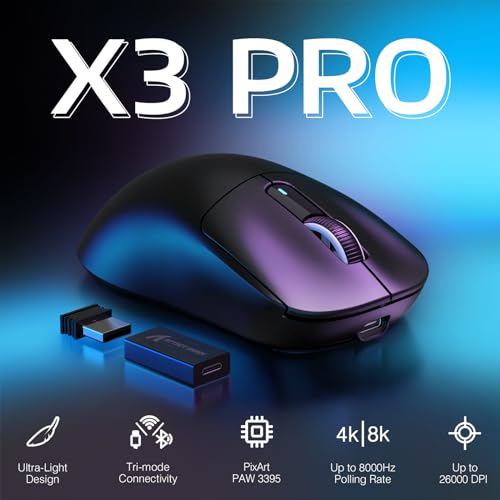 VGN GAME POWER ATTACK SHARK X3PRO 59g SUPERLIGHT Kabellose Gaming-Maus Esports, 4K/8KHz Abfragerate, 26000DPI, PixArt PAW3395, 2.4G/BT5.0/Kabelgebunden, Bis zu 200 Std. Akku, G502, PC/Xbox/PS, Schwarz Bild 2