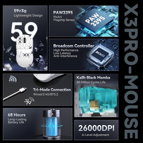 ATTACK SHARK X3 Pro 4K/8K Hz Maus, 49 g SUPERLEICHT, PixArt PAW3395 Gaming-Sensor, BT/2,4G kabellose/kabelgebundene Gaming-Maus, 6 einstellbare DPI bis zu 26000, 200 Stunden Akku (weiß) Bild 3