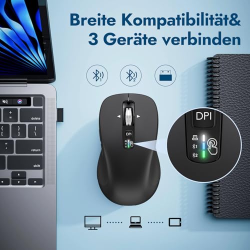 CITLLA Kabellose Maus für Laptop, Multi-Device Bluetooth Maus, 4 DPI Silent Mouse, 4-Wege Scrolling Ergonomisch Mice für Windows, Volle Größe Mäuse für Laptop PC Computer Tabletten Bild 3