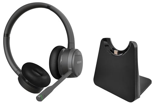 GEQUDIO GC-2 DECT & Bluetooth Headset mit Ladestation für AVM FritzBox - Kabellos am FritzFon telefonieren - Stereo Kopfhörer für PC & Smartphone, Schwarz/Grau Bild 1