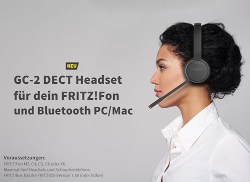 GEQUDIO GC-2 DECT & Bluetooth Headset mit Ladestation für AVM FritzBox - Kabellos am FritzFon telefonieren - Stereo Kopfhörer für PC & Smartphone, Schwarz/Grau Bild 2