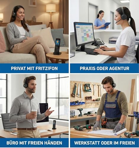 GEQUDIO GC-2 DECT & Bluetooth Headset mit Ladestation für AVM FritzBox - Kabellos am FritzFon telefonieren - Stereo Kopfhörer für PC & Smartphone, Schwarz/Grau Bild 3