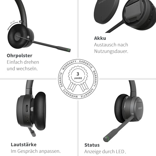 GEQUDIO GC-2 DECT & Bluetooth Headset mit Ladestation für AVM FritzBox - Kabellos am FritzFon telefonieren - Stereo Kopfhörer für PC & Smartphone, Schwarz/Grau Bild 4