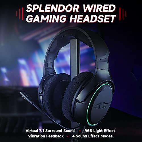 Splendor Kabelgebundenes Gaming-Headset Virtueller 7.1-Surround-Sound 50-mm-Treibereinheit 4 Soundeffektmodi RGB-Lichteffekt,Ergonomisches Design Bild 4