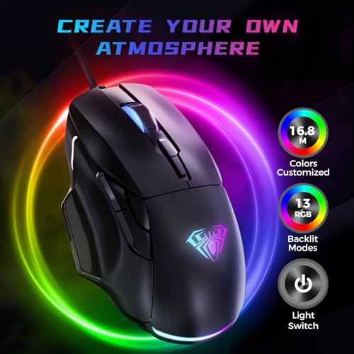 AULA Gaming-Maus, kabelgebundene RGB-Maus mit 13 Hintergrundbeleuchtungsmodi und 6 programmierbaren Tasten, 12800 DPI einstellbare optische PC-Gaming-Maus, Maus, Gamer, Computer-Maus für Laptop, PC, Bild 2