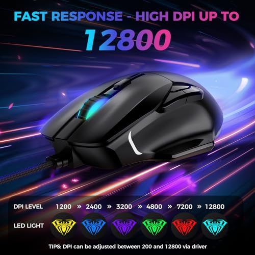AULA Gaming-Maus, kabelgebundene RGB-Maus mit 13 Hintergrundbeleuchtungsmodi und 6 programmierbaren Tasten, 12800 DPI einstellbare optische PC-Gaming-Maus, Maus, Gamer, Computer-Maus für Laptop, PC, Bild 3