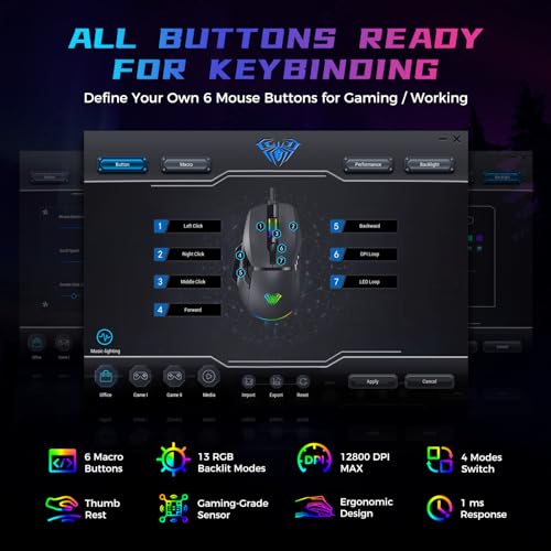 AULA Gaming-Maus, kabelgebundene RGB-Maus mit 13 Hintergrundbeleuchtungsmodi und 6 programmierbaren Tasten, 12800 DPI einstellbare optische PC-Gaming-Maus, Maus, Gamer, Computer-Maus für Laptop, PC, Bild 5