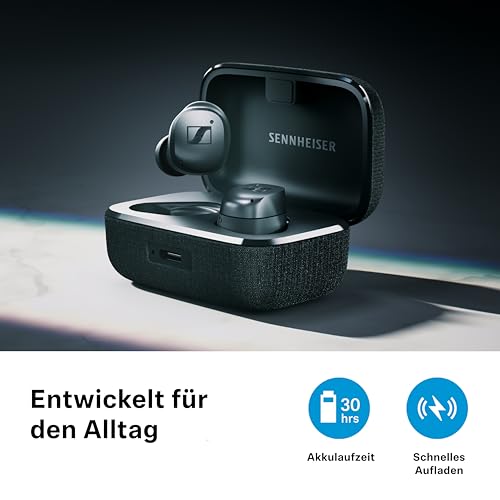 Sennheiser MOMENTUM True Wireless 4, kabellose Bluetooth Kopfhörer, Bluetooth 5.4, Noise Cancelling, komfortables Design, 30 Stunden Akkulaufzeit, adaptives ANC, Auracast, Weiß Silber Bild 6
