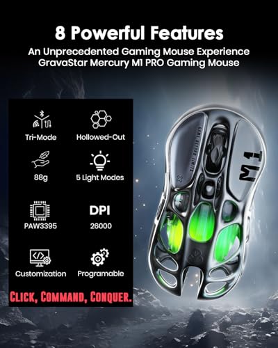 GravaStar Mercury M1 Pro Gaming Maus Kabellos, 4K Hz Superlight Maus Gaming aus Magnesiumlegierung, 26000 DPI, PAW3395 Sensor, 5 Programmierbare Tasten, RGB, Hohles Design Gaming Mouse – Gunmetal Grau Bild 2