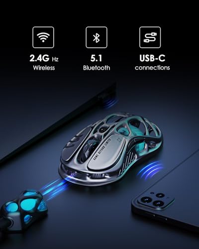 GravaStar Mercury M1 Pro Gaming Maus Kabellos, 4K Hz Superlight Maus Gaming aus Magnesiumlegierung, 26000 DPI, PAW3395 Sensor, 5 Programmierbare Tasten, RGB, Hohles Design Gaming Mouse – Gunmetal Grau Bild 4