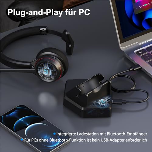 Kabellos Headset für PC, Mono 5.2 Bluetooth Headset mit Mikrofon & USB Dongle, 30 Stunden Sprechzeit Wireless Kopfhörer für Home Office ComputerTeams Zoom Laptop Büro Callcenter Telefon Bild 2