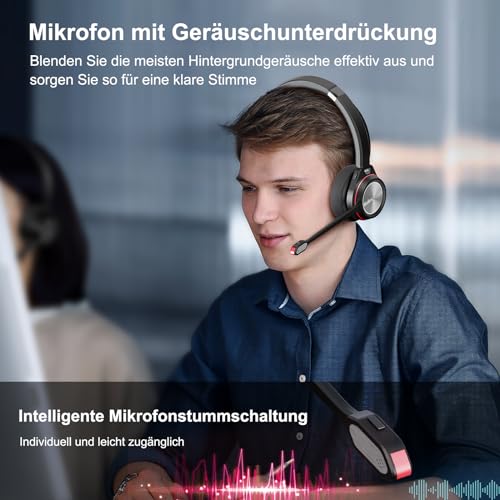 Kabellos Headset für PC, Mono 5.2 Bluetooth Headset mit Mikrofon & USB Dongle, 30 Stunden Sprechzeit Wireless Kopfhörer für Home Office ComputerTeams Zoom Laptop Büro Callcenter Telefon Bild 4