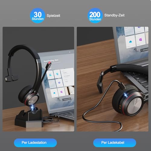 Kabellos Headset für PC, Mono 5.2 Bluetooth Headset mit Mikrofon & USB Dongle, 30 Stunden Sprechzeit Wireless Kopfhörer für Home Office ComputerTeams Zoom Laptop Büro Callcenter Telefon Bild 5
