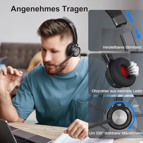 Kabellos Headset für PC, Mono 5.2 Bluetooth Headset mit Mikrofon & USB Dongle, 30 Stunden Sprechzeit Wireless Kopfhörer für Home Office ComputerTeams Zoom Laptop Büro Callcenter Telefon Bild 6